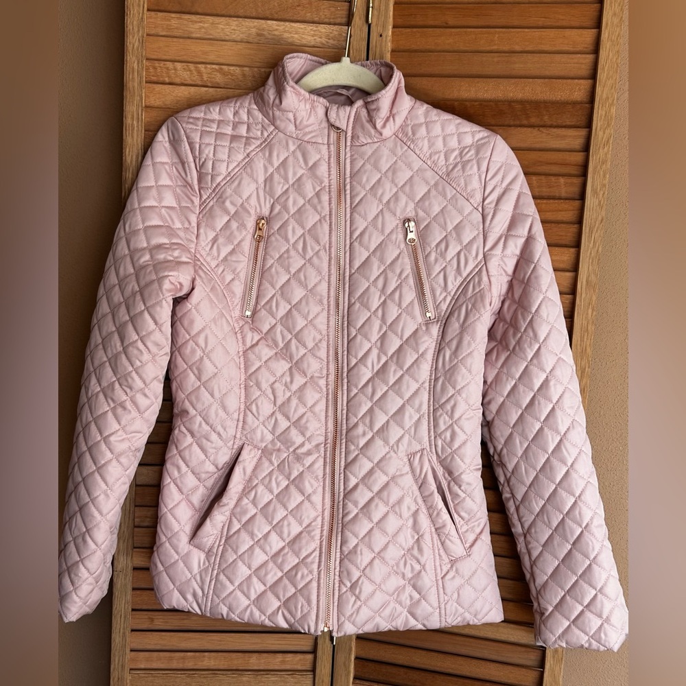 Me Jane Girls Size 16 Baby Pink with Rose Gold zippers quilted jacket full zip